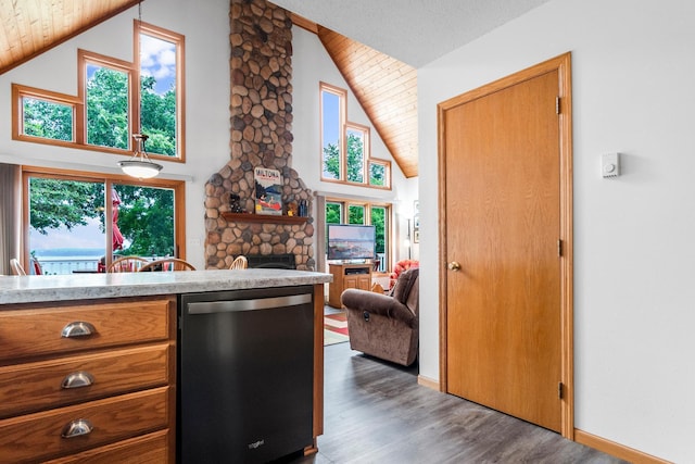 13771 Schuelke Beach Rd NW, Leaf Valley Twp, MN 56354 - kitchen featuring dishwasher, brown cabinets, high vaulted ceiling, a fireplace, and healthy amount of natural light