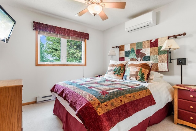 13771 Schuelke Beach Rd NW, Leaf Valley Twp, MN 56354 - bedroom with a wall unit AC, a baseboard radiator, light carpet, and a ceiling fan