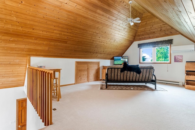 13771 Schuelke Beach Rd NW, Leaf Valley Twp, MN 56354 - carpeted bedroom featuring lofted ceiling, wooden ceiling, a wall unit AC, and baseboard heating