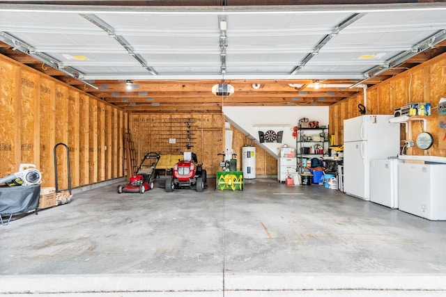 13771 Schuelke Beach Rd NW, Leaf Valley Twp, MN 56354 - garage featuring water heater, freestanding refrigerator, and a garage door opener