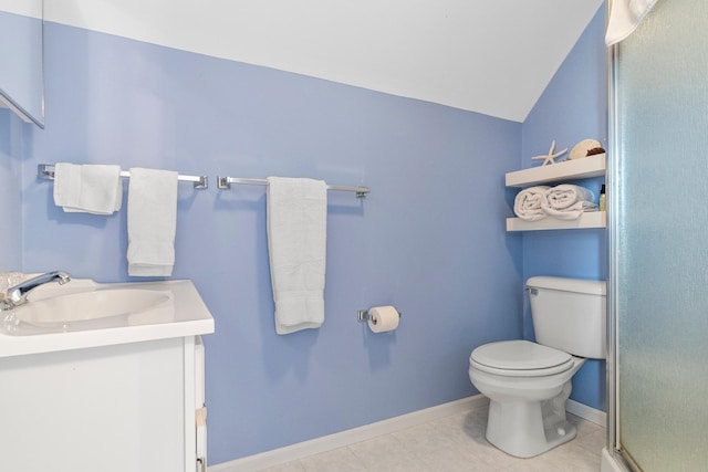 13771 Schuelke Beach Rd NW, Leaf Valley Twp, MN 56354 - full bath with toilet, vanity, a stall shower, baseboards, and tile patterned floors