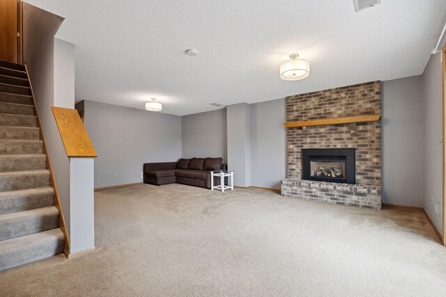2436 Mendelssohn Ln N, Golden Valley, MN 55427 - unfurnished living room with carpet floors, stairs, a fireplace, baseboards, and a textured ceiling