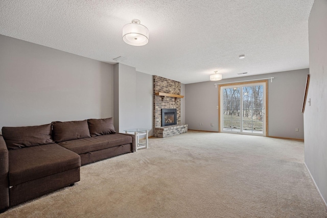 2436 Mendelssohn Ln N, Golden Valley, MN 55427 - living room featuring a textured ceiling, carpet, a fireplace, and baseboards