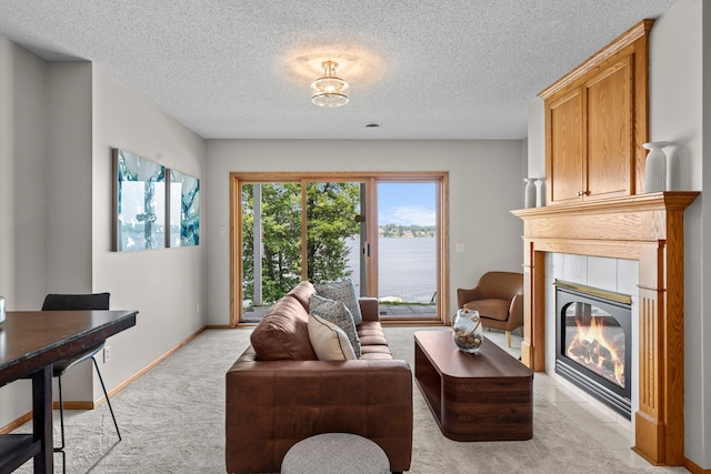 3868 Green Heights Trl SW, Prior Lake, MN 55372 - living room featuring a fireplace, a textured ceiling, and a water view