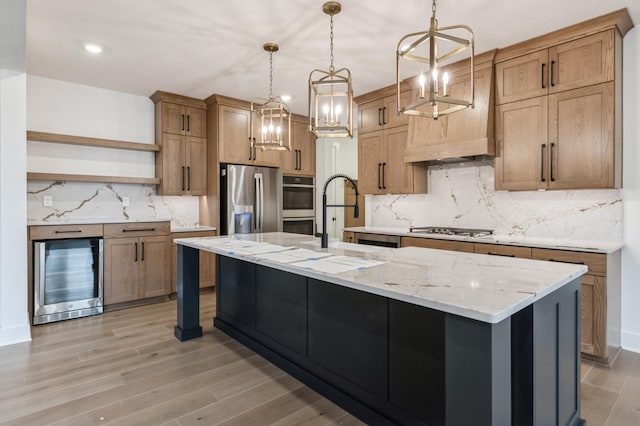 20141 63rd Ave, Corcoran, MN 55340 - kitchen with open shelves, wine cooler, a chandelier, appliances with stainless steel finishes, and tasteful backsplash