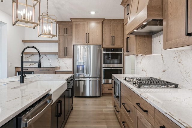 20141 63rd Ave, Corcoran, MN 55340 - kitchen featuring stainless steel appliances, custom exhaust hood, open shelves, tasteful backsplash, and recessed lighting
