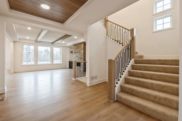 20141 63rd Ave, Corcoran, MN 55340 - stairway featuring wood finished floors, baseboards, recessed lighting, and wooden ceiling