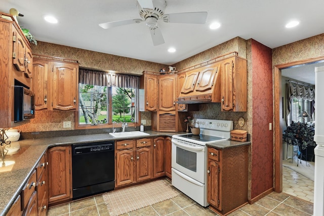 2657 Valley View Ln, New Brighton, MN 55112 - kitchen featuring black appliances, ceiling fan, brown cabinetry, dark countertops, and tasteful backsplash