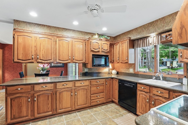 2657 Valley View Ln, New Brighton, MN 55112 - kitchen featuring black appliances, brown cabinets, ceiling fan, light tile patterned flooring, and a peninsula