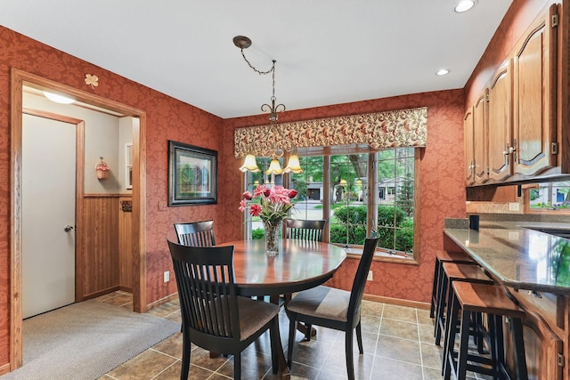 2657 Valley View Ln, New Brighton, MN 55112 - dining area featuring wallpapered walls, wainscoting, a chandelier, recessed lighting, and light tile patterned flooring