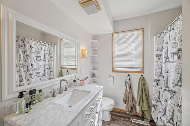132 Middle School Dr, Saint Croix Falls, WI 54024 - bathroom with toilet, vanity, wood finished floors, and curtained shower