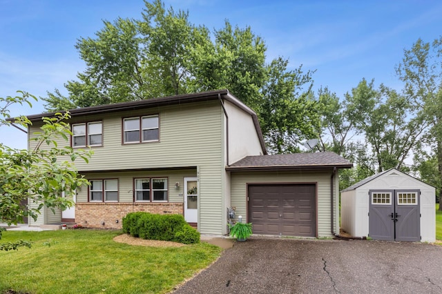 902 Ridge Dr SE, Saint Michael, MN 55376 - view of front of house with a shed, an attached garage, a front yard, driveway, and brick siding