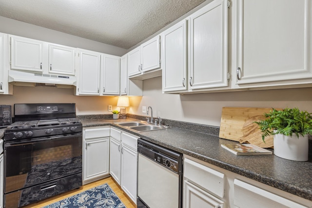 902 Ridge Dr SE, Saint Michael, MN 55376 - kitchen with dishwasher, under cabinet range hood, black range with gas cooktop, white cabinetry, and dark countertops