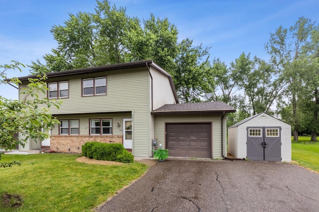 902 Ridge Dr SE, Saint Michael, MN 55376 - view of front facade with an attached garage, a shed, a front lawn, asphalt driveway, and brick siding