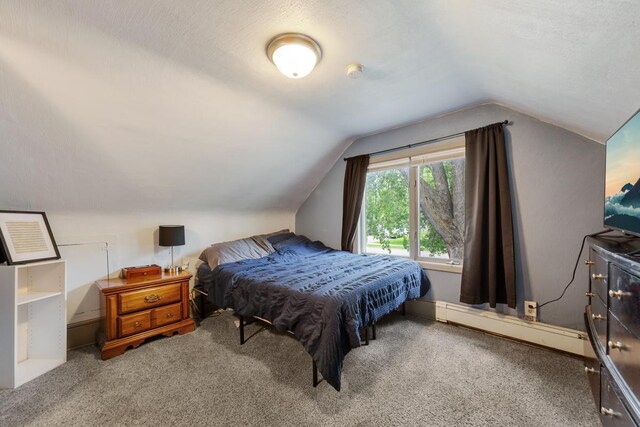 1039 9th Ave SW, Faribault, MN 55021 - bedroom featuring carpet floors, vaulted ceiling, and a baseboard heating unit