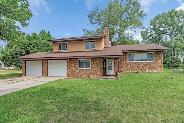495 Saint Anthony Ave, Saint Paul, MN 55103 - tri-level home featuring stone siding, a chimney, a front lawn, and driveway