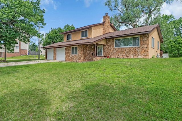 495 Saint Anthony Ave, Saint Paul, MN 55103 - view of front of property with stone siding, a chimney, a garage, and driveway