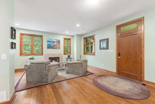 10390 Fenner Ave SE, Franklin Twp, MN 55328 - living area featuring hardwood / wood-style flooring, plenty of natural light, baseboards, a fireplace, and recessed lighting