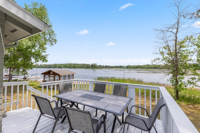 8996 Little Pelican Dr, Pelican Twp, MN 56472 - wooden terrace featuring a water view, outdoor dining space, and a gazebo