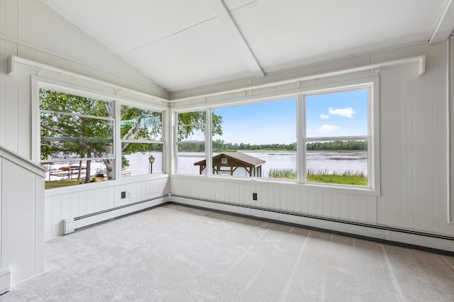 8996 Little Pelican Dr, Pelican Twp, MN 56472 - unfurnished sunroom featuring vaulted ceiling, a water view, and a baseboard radiator