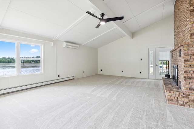 8996 Little Pelican Dr, Pelican Twp, MN 56472 - unfurnished living room with a wall unit AC, a baseboard heating unit, a brick fireplace, beamed ceiling, and light carpet