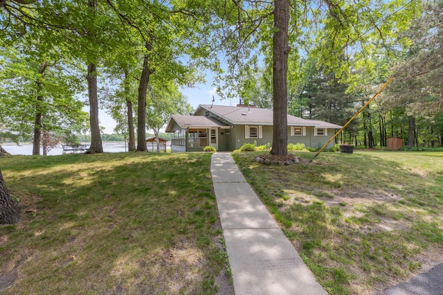 8996 Little Pelican Dr, Pelican Twp, MN 56472 - ranch-style house featuring a front lawn, covered porch, and a water view