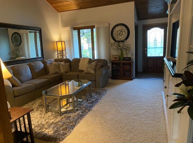 606 Swain St, Redwood Falls, MN 56283 - living area featuring wooden ceiling, vaulted ceiling, healthy amount of natural light, and carpet flooring