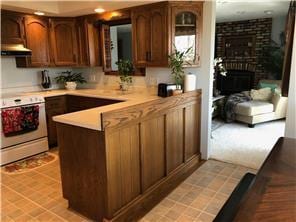 606 Swain St, Redwood Falls, MN 56283 - kitchen with white electric range oven, exhaust hood, light countertops, a peninsula, and a fireplace