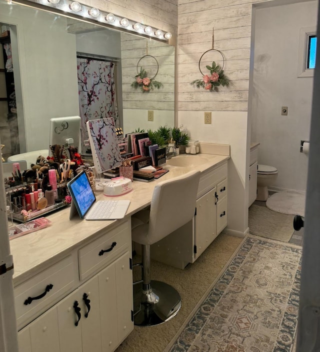 606 Swain St, Redwood Falls, MN 56283 - bathroom featuring toilet, vanity, and wood walls