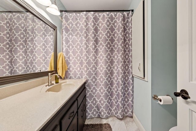 9175 Wedgwood Ln N, Maple Grove, MN 55369 - bathroom featuring vanity, toilet, baseboards, and a shower with curtain