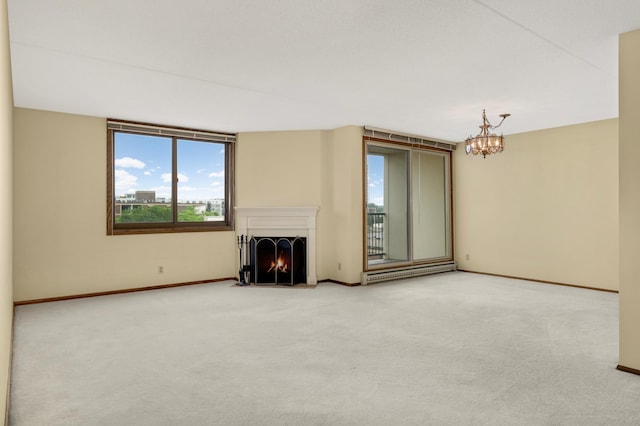 7200 York Ave S Unit 608, Edina, MN 55435 - unfurnished living room with a fireplace with flush hearth, a chandelier, carpet flooring, and baseboards