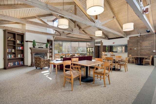 7200 York Ave S Unit 608, Edina, MN 55435 - carpeted dining space with a fireplace, plenty of natural light, wood ceiling with exposed beams, and high vaulted ceiling