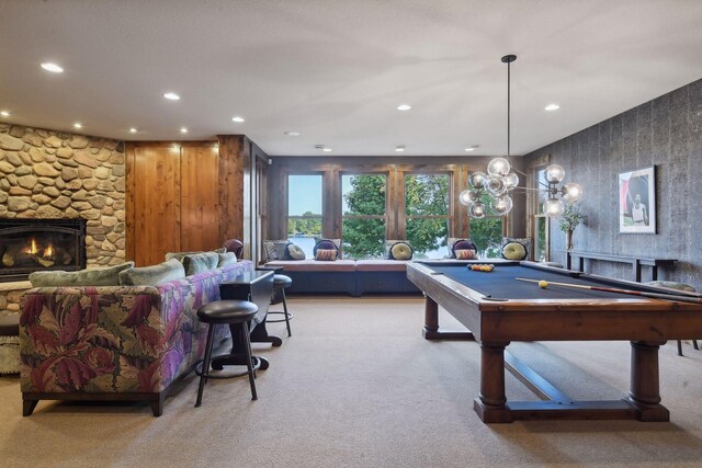 9328 Rhoy Ave, Chaska, MN 55318 - game room featuring a stone fireplace, light carpet, recessed lighting, and pool table