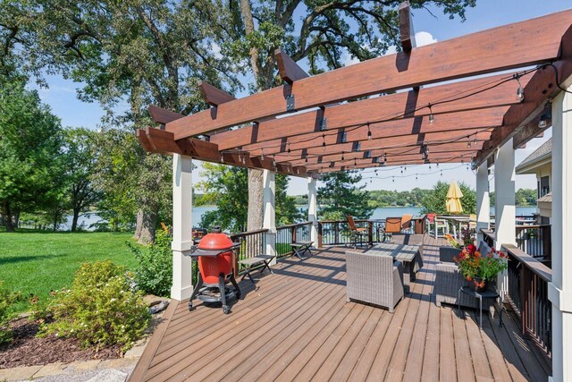9328 Rhoy Ave, Chaska, MN 55318 - wooden terrace featuring a lawn, a pergola, and a water view