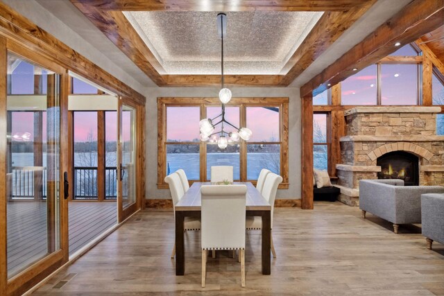 9328 Rhoy Ave, Chaska, MN 55318 - dining area featuring a raised ceiling, a chandelier, wood finished floors, and healthy amount of natural light