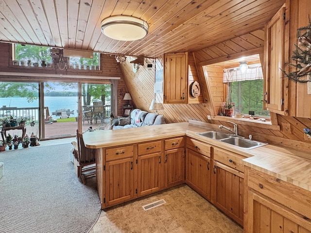 256 22 5/8 Ave, Crystal Lake Twp, WI 54829 - kitchen featuring wooden ceiling, wood walls, a sink, wood counters, and a peninsula