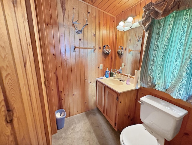 256 22 5/8 Ave, Crystal Lake Twp, WI 54829 - bathroom with vanity, toilet, wooden walls, and wood ceiling