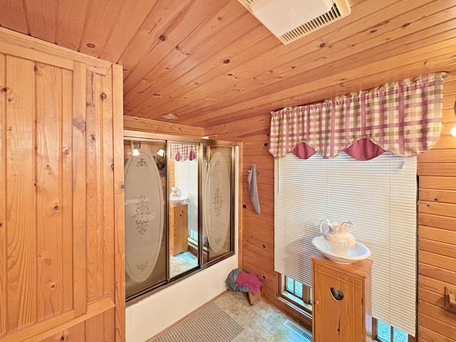 256 22 5/8 Ave, Crystal Lake Twp, WI 54829 - full bathroom featuring wooden walls, a shower with shower door, and wooden ceiling
