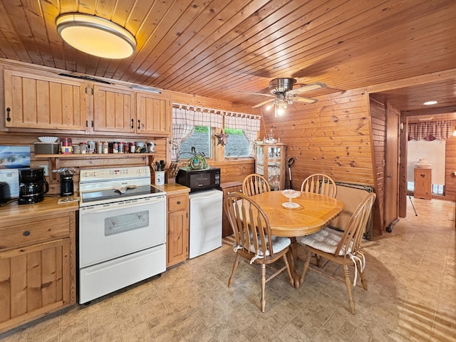256 22 5/8 Ave, Crystal Lake Twp, WI 54829 - kitchen featuring white electric stove, black microwave, wooden ceiling, light countertops, and a ceiling fan