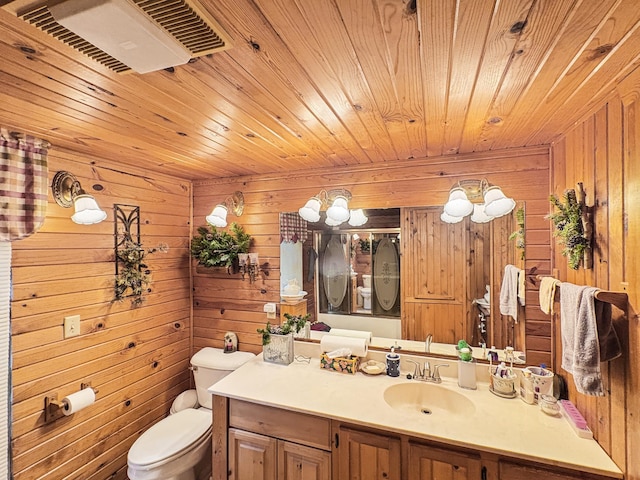 256 22 5/8 Ave, Crystal Lake Twp, WI 54829 - bathroom featuring toilet, vanity, wood ceiling, a shower with door, and wooden walls