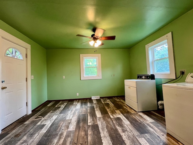 406 1st St S, Hoffman, MN 56339 - washroom featuring washing machine and clothes dryer, dark wood-style floors, and a ceiling fan
