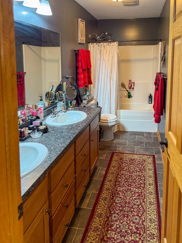 922 Whiskey Rd NW, Isanti, MN 55040 - bathroom with double vanity, shower / tub combo, toilet, and a textured ceiling
