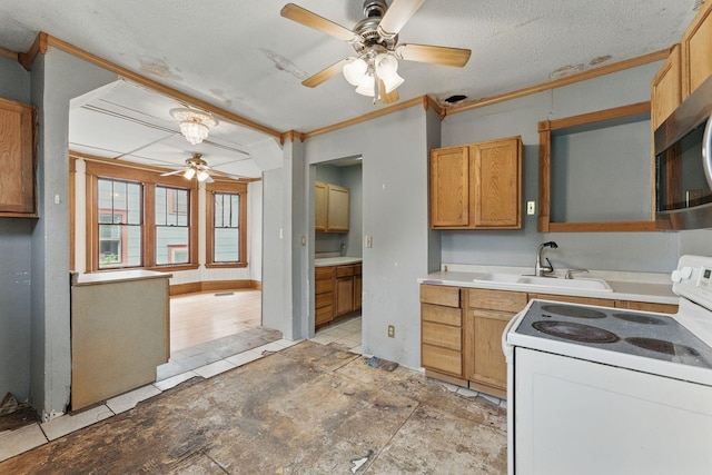 363 Geranium Ave E, Saint Paul, MN 55130 - kitchen featuring electric range, a sink, ceiling fan, stainless steel microwave, and ornamental molding