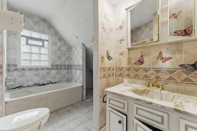 363 Geranium Ave E, Saint Paul, MN 55130 - full bathroom featuring tile walls, lofted ceiling, a bath, vanity, and toilet