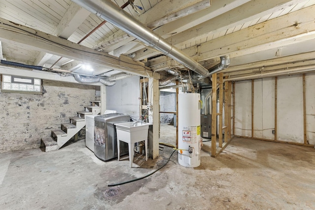 363 Geranium Ave E, Saint Paul, MN 55130 - basement with water heater, independent washer and dryer, stairs, heating unit, and a sink
