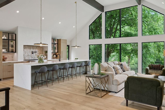 6608 Pawnee Rd, Edina, MN 55439 - living area featuring high vaulted ceiling, beam ceiling, plenty of natural light, and light wood-style flooring
