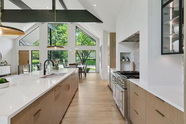 6608 Pawnee Rd, Edina, MN 55439 - kitchen featuring stainless steel stove, healthy amount of natural light, high vaulted ceiling, light wood finished floors, and light stone counters