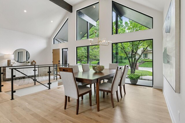 6608 Pawnee Rd, Edina, MN 55439 - dining space with a chandelier, high vaulted ceiling, wood finished floors, and beamed ceiling