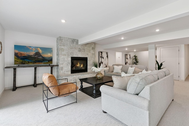 6608 Pawnee Rd, Edina, MN 55439 - living area with light carpet, recessed lighting, a stone fireplace, and beam ceiling