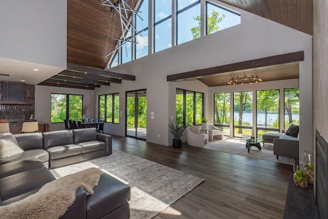 19923 See Gull Rd, Brainerd, MN 56401 - living area featuring high vaulted ceiling, a chandelier, wood finished floors, a water view, and recessed lighting